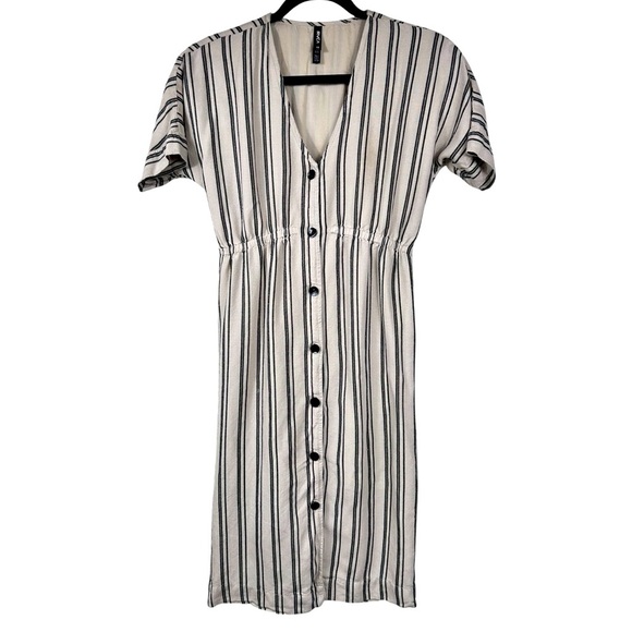 RVCA model button shirt dress, XS, cream & black lined vneck Earth Girl, Coastal - Picture 1 of 14